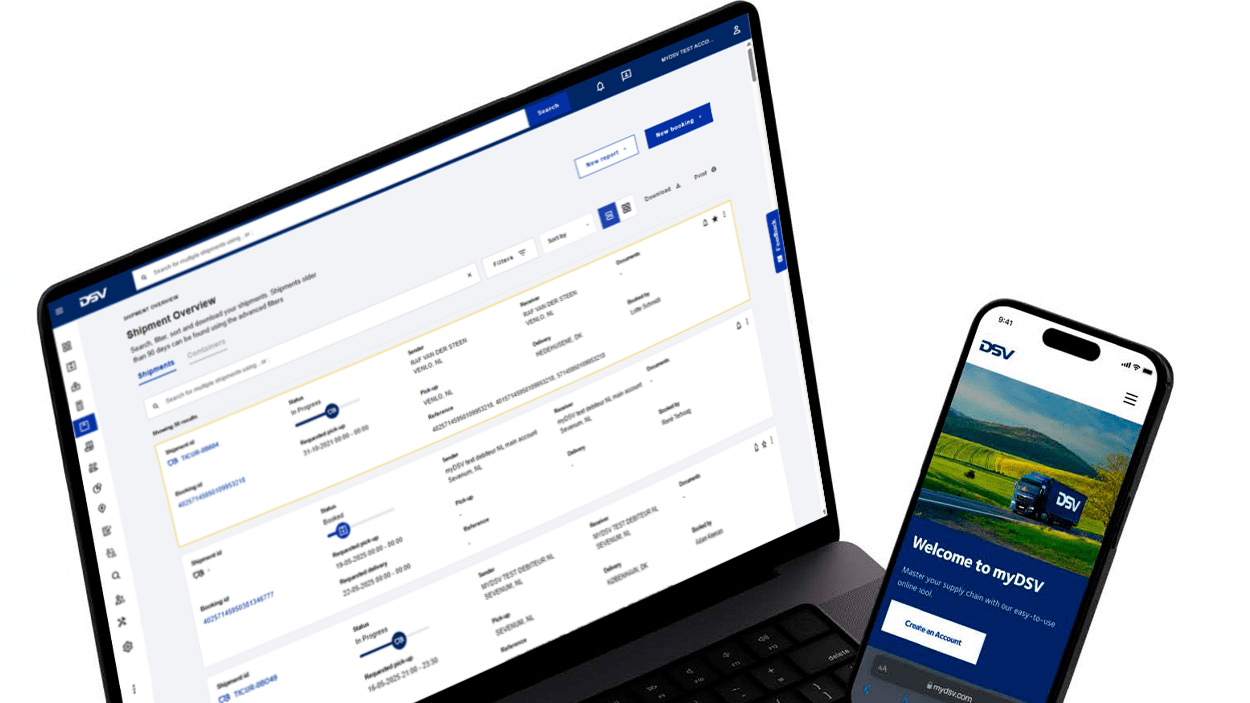 The myDSV online platform is displayed on a laptop and smartphone for shipment tracking and logistics management.